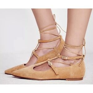 Free People Isabelle Lace Up Flat Size 7 Women‎ Brown Leather Pointed Toe EU 37